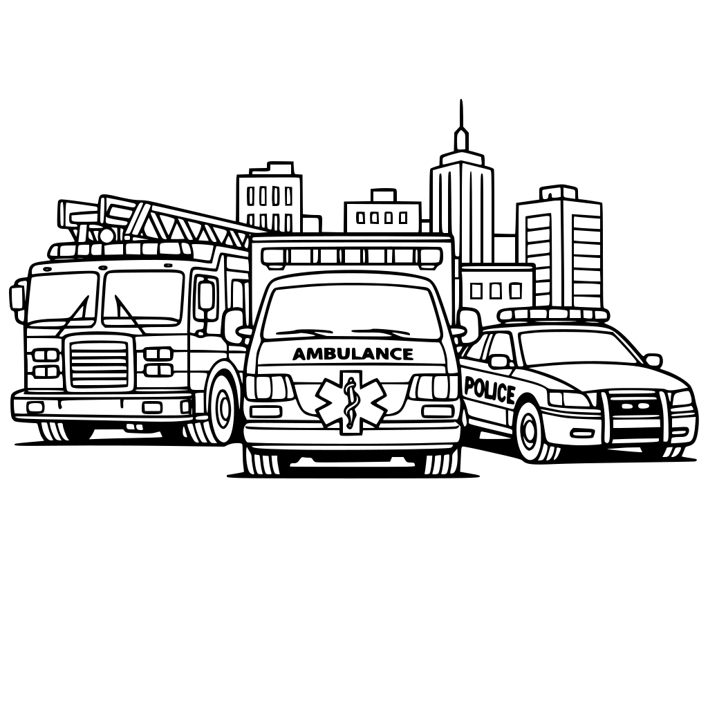 a fire truck, ambulance, and police car on a city street.