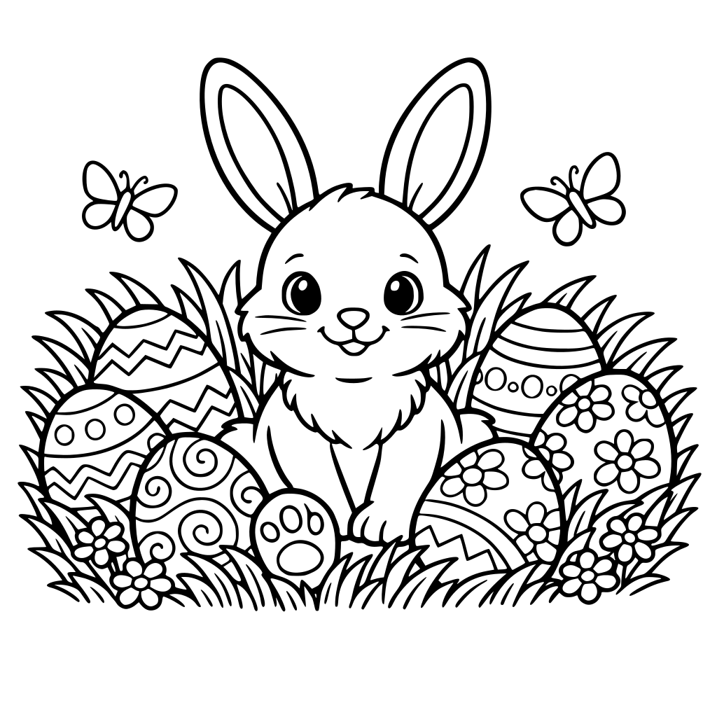 easter bunny in the grass with easter eggs