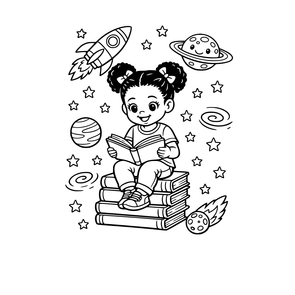 Black toddler girl, books, galaxy, stars, planets