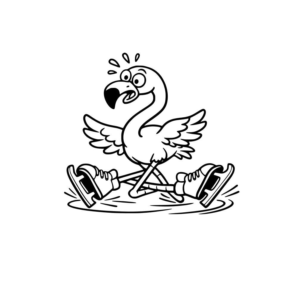 Flamingo Trying to Ice Skate Legs tangled. Skates pointing opposite directions. Sliding out of control.
