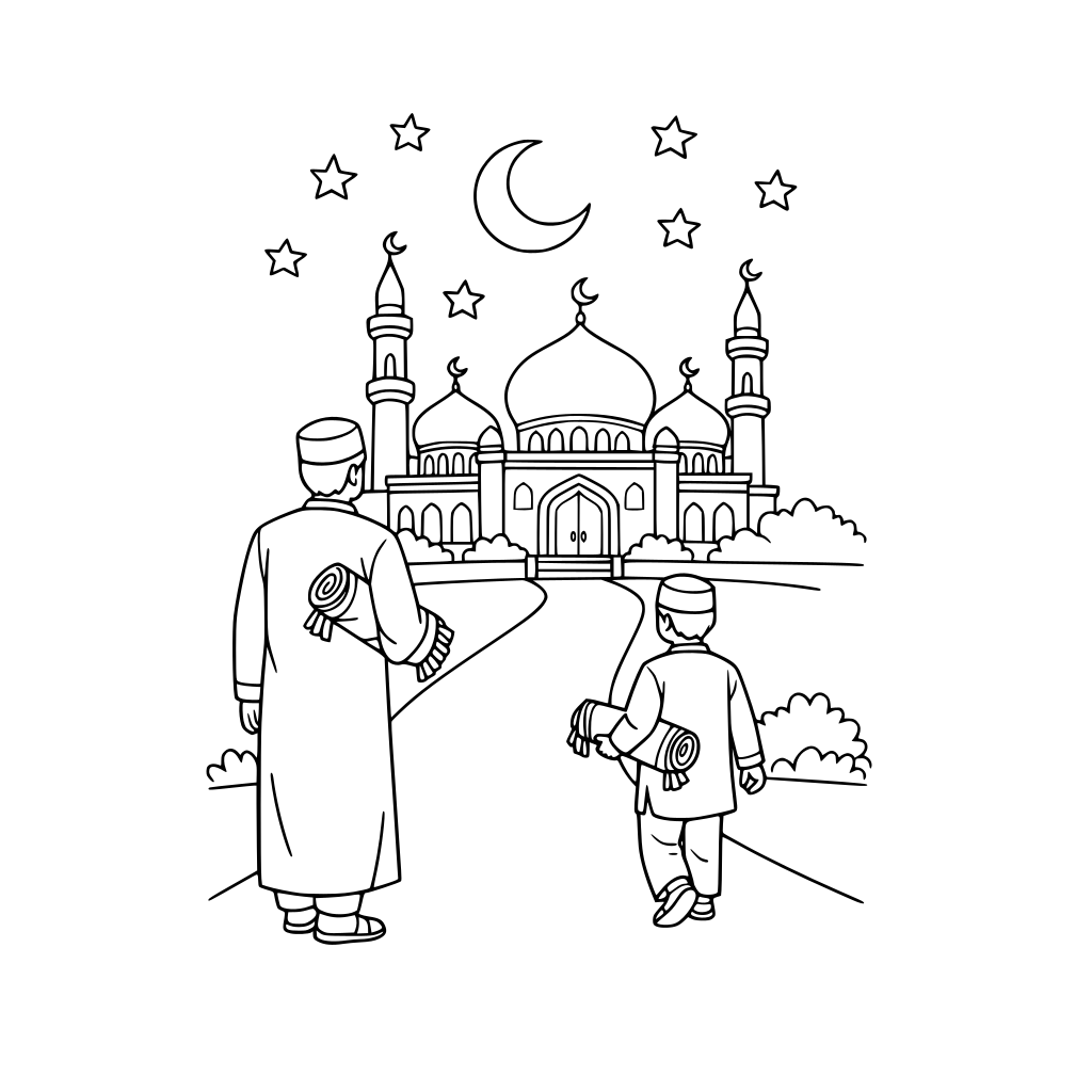 Make a picture of beautiful mosque and 2 person on the way to the mosque at night with prayer mat at their hand