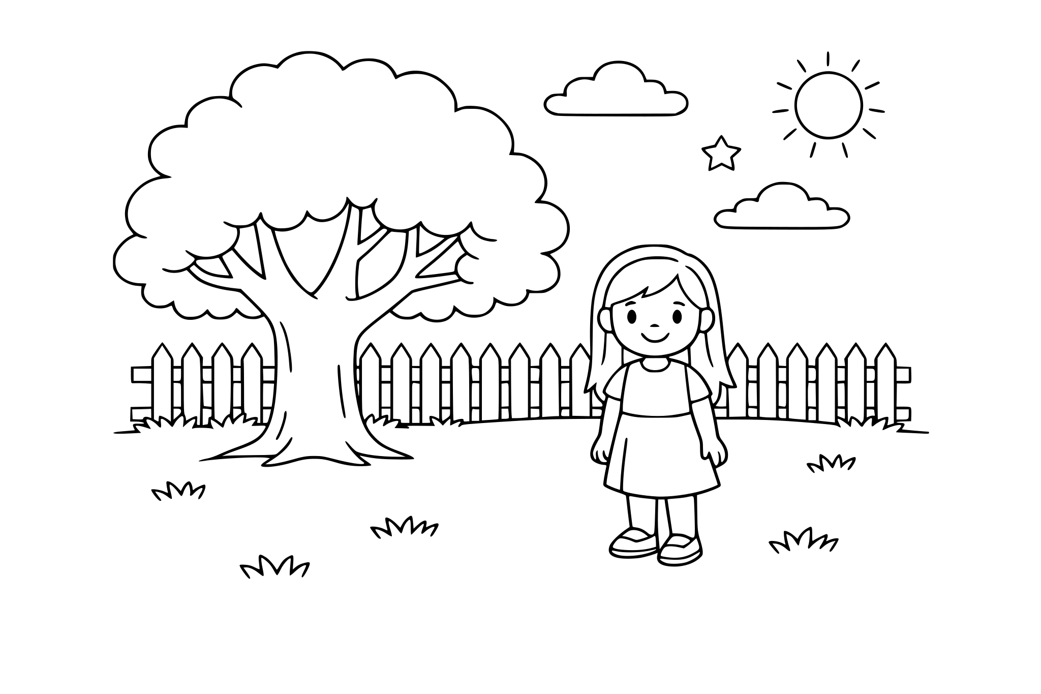 back yard with tree, grace and a picket fence