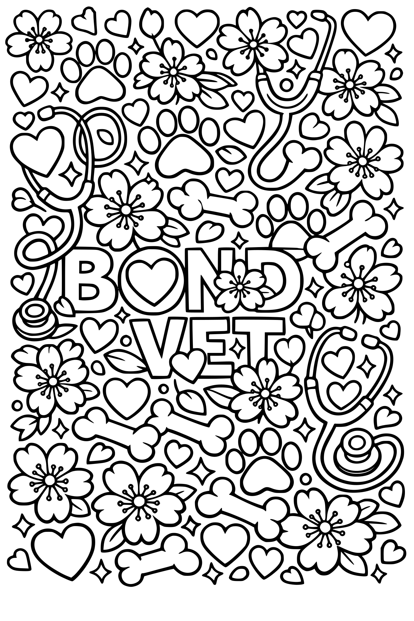 pattern of cherry blossoms, paw prints, hearts, bones, and stethoscopes, seamless pattern, black and white coloring page, thick outlines, hidden ‘Bond Vet’ text