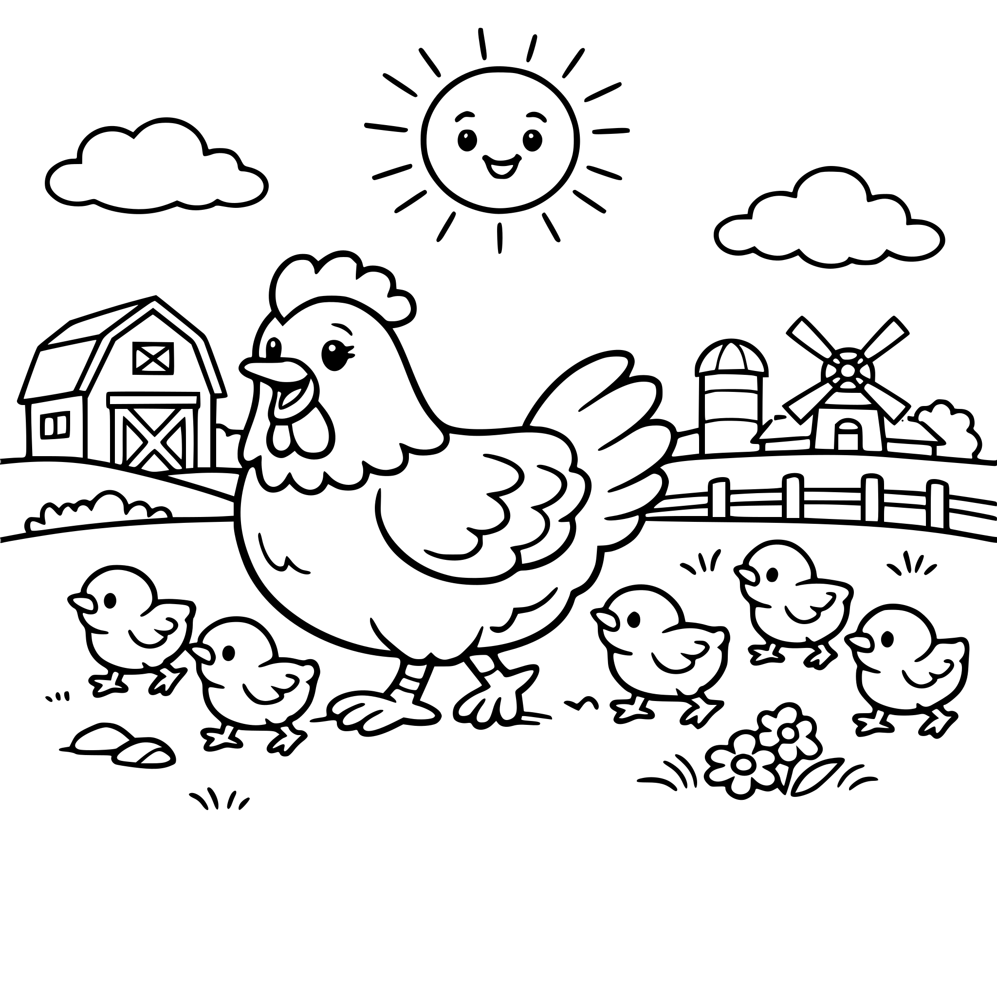 Happy chicken with small chicks walking on a farm