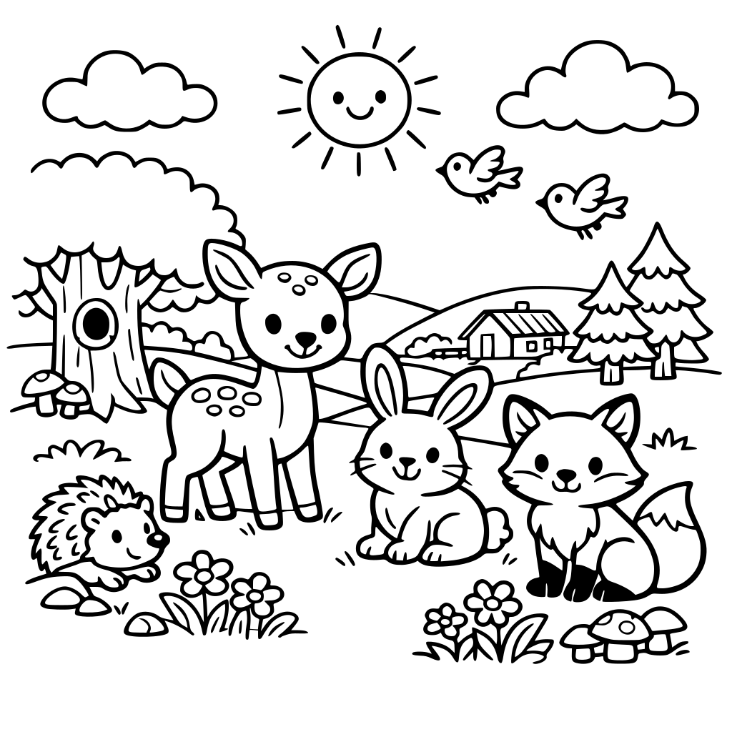 disegni per bambini da colorare tipo animali, con boschi, foreste, campagna