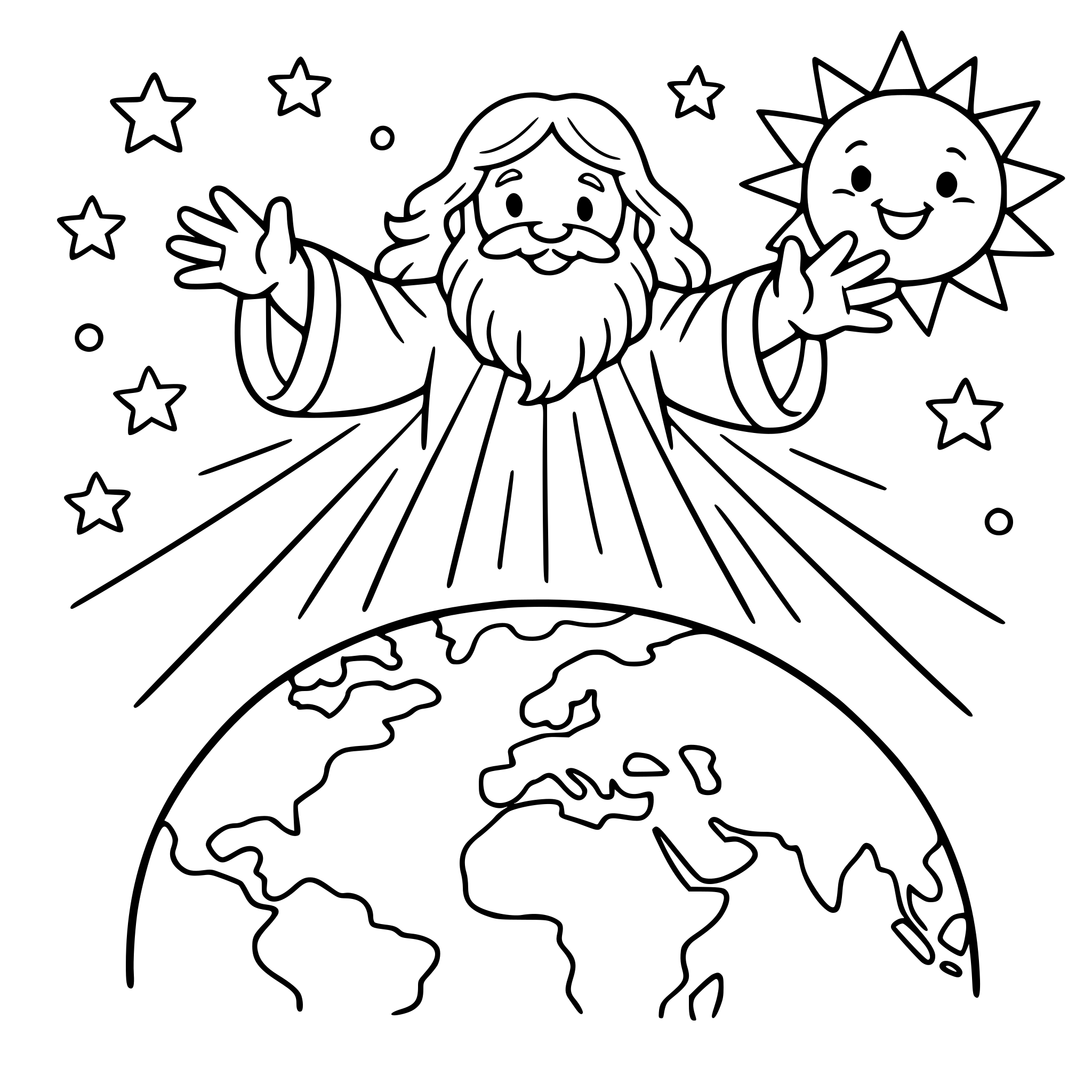 God creating light over the earth, simple rays of light, smiling sun, cute bible style