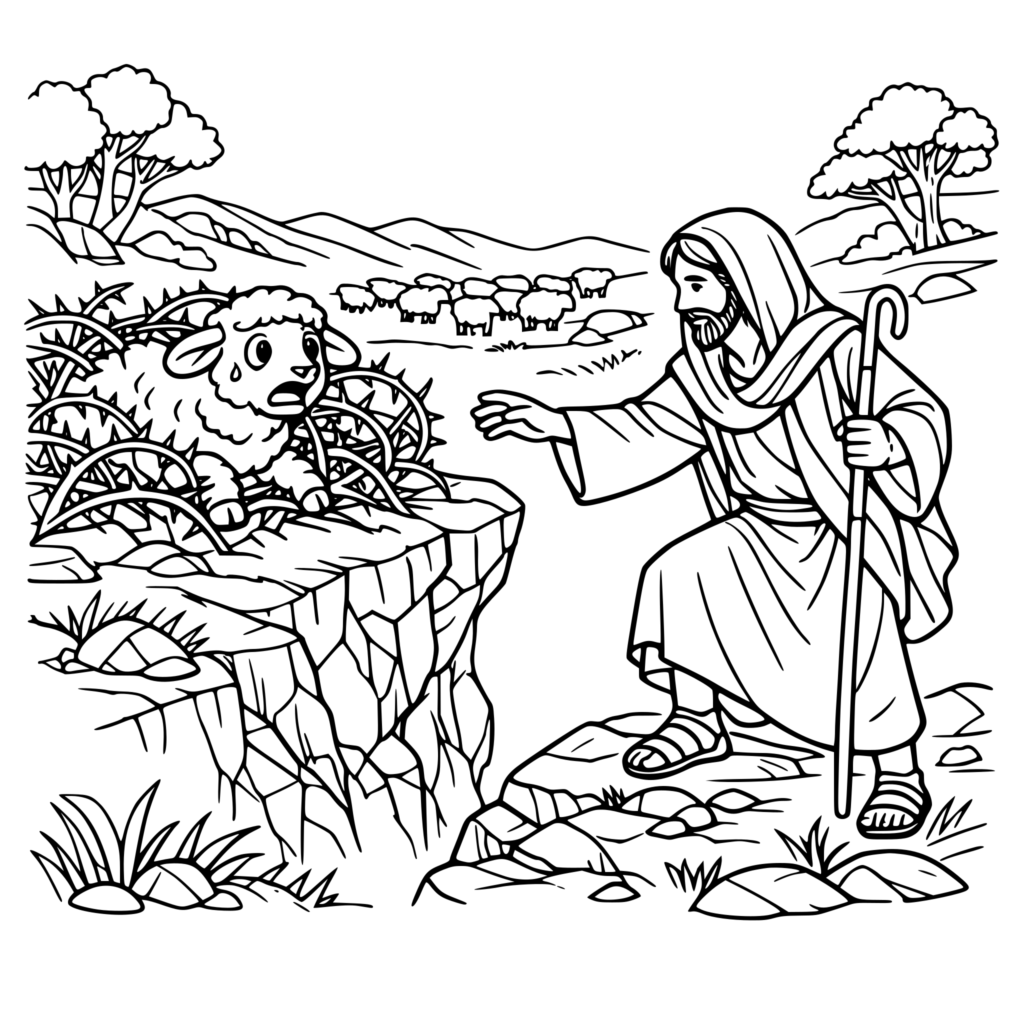 a lost sheep stuck on its own in brambles up on a cliff, Jesus searching for the sheep, a herd of sheep far away from the lost sheep, include landscape items like trees, rocks and grass, make the lost sheep look scared