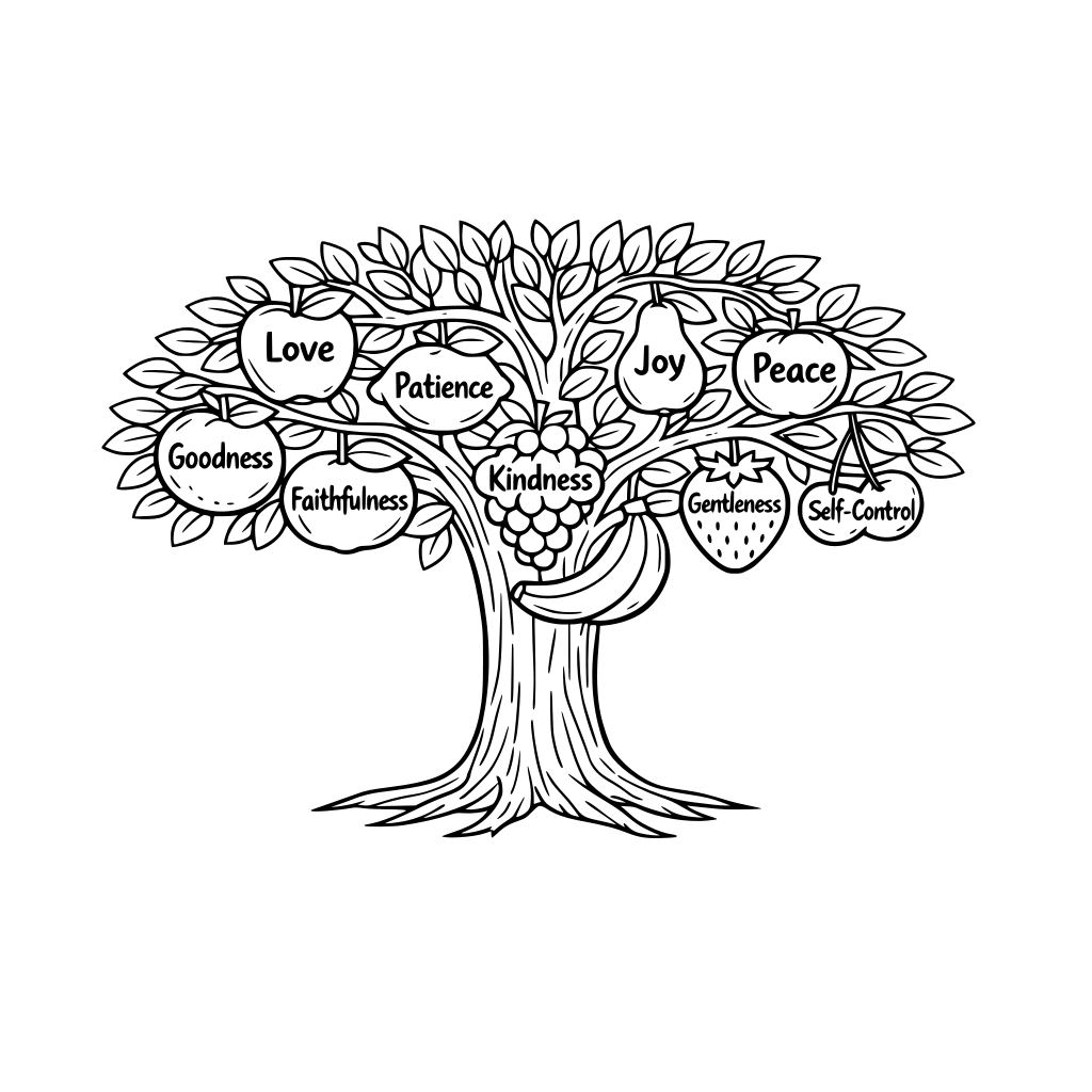 Make a tree with the fruits of the spirit on the tree as fruits hanging from it.