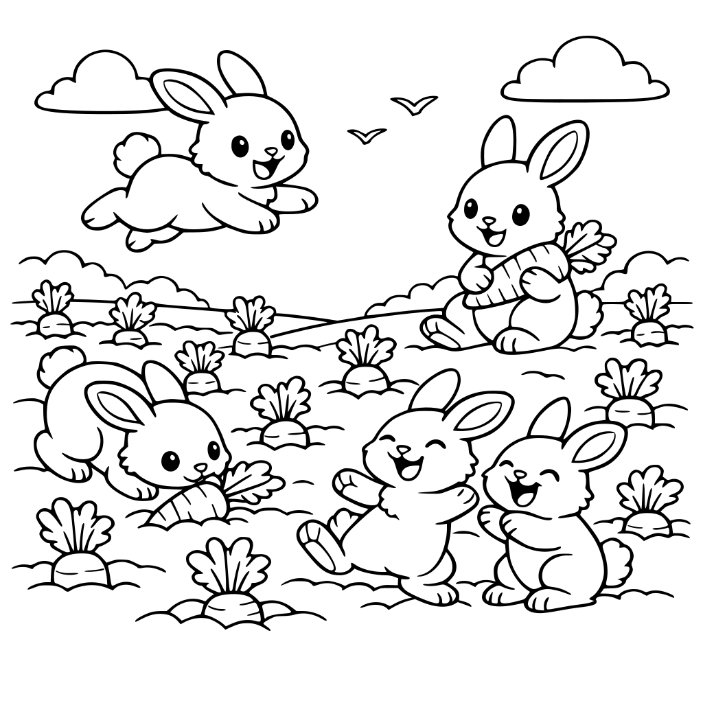 مجموعة من الأرانب اللطيفة تلعب وتقفز داخل حقل أخضر واسع، الحقل مليء بالجزر البرتقالي المزروع في الأرض، أجواء مرحة ومشرقة، سماء زرقاء صافية مع غيوم خفيفة، أسلوب كرتوني ناعم، ألوان زاهية، تفاصيل عالية، إضاءة طبيعية، مشهد دافئ ومبهج.