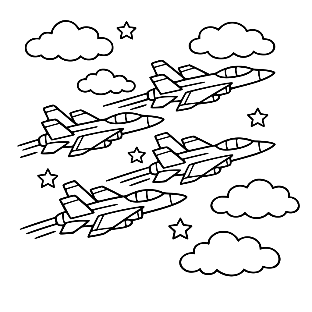 airplanes flying in formation with simple cloud shapes around them.