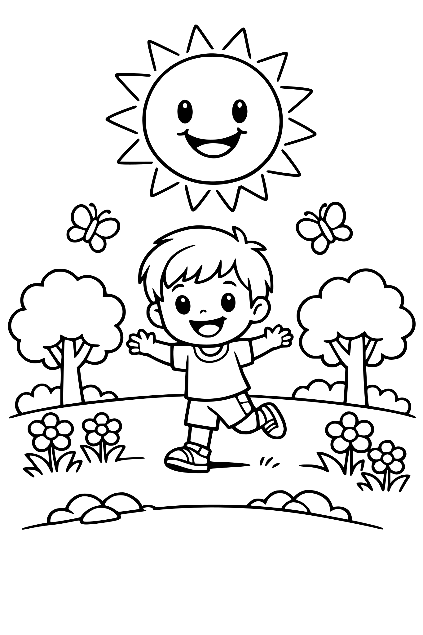 cute kids coloring page, happy boy playing in a park with a big smiling sun above, trees, flowers and butterflies around, simple shapes, thick outlines, kids coloring book line art
