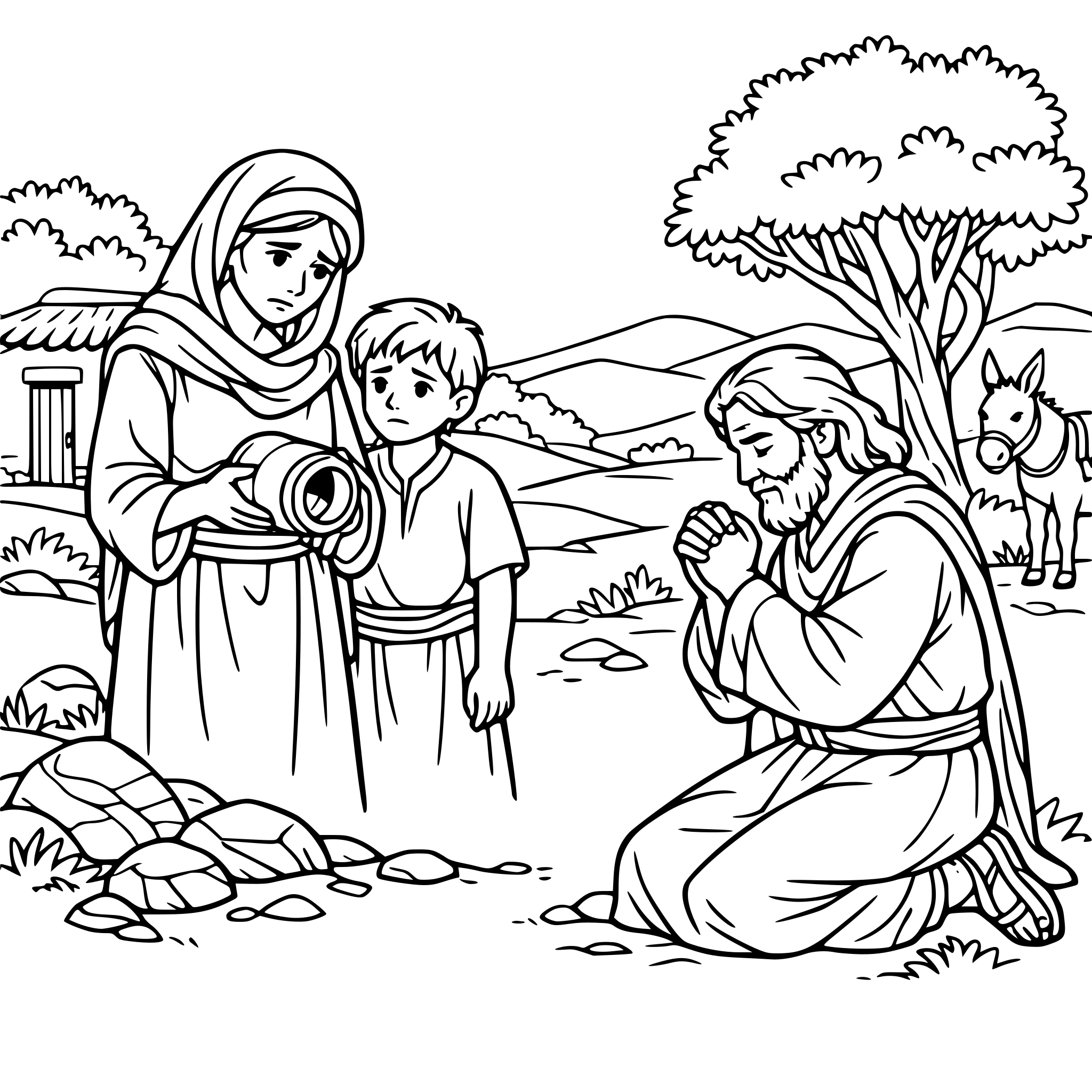 Show a widow with an empty jar of oil looking worried, include her son standing beside her also worried. Include Elijah across from them, praying. Include landscape elements such as trees, rocks and grass. Include a small stucco home in the background. Include a donkey