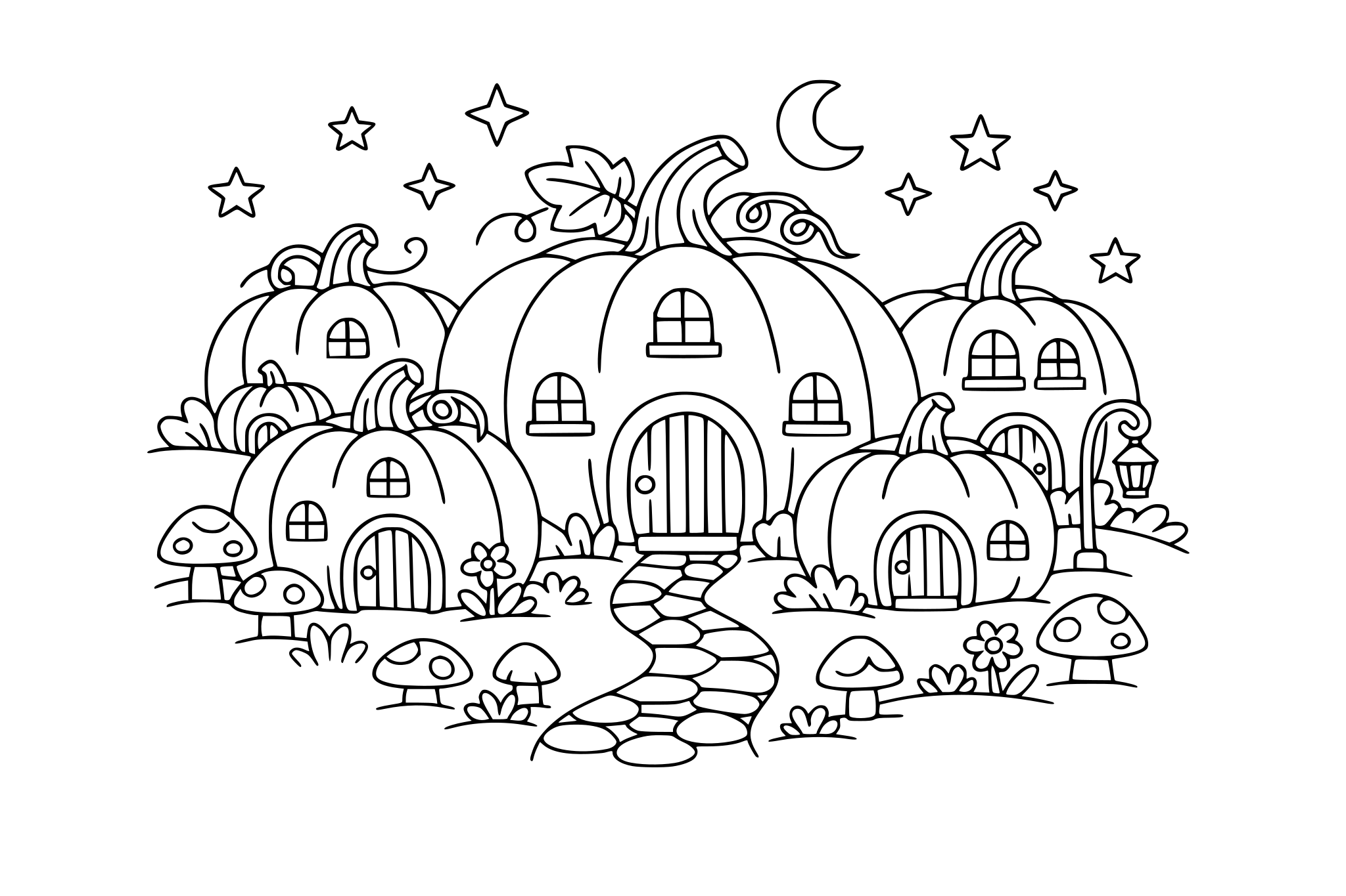 Pumpkin house village with tiny doors and windows. Keep rounded shapes + minimal line weight variation.