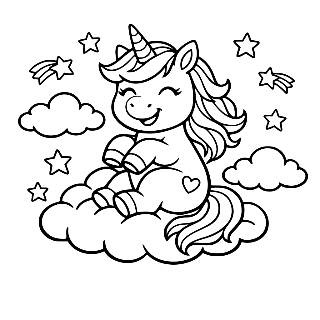 make a unicorn floating in the sky and smiling