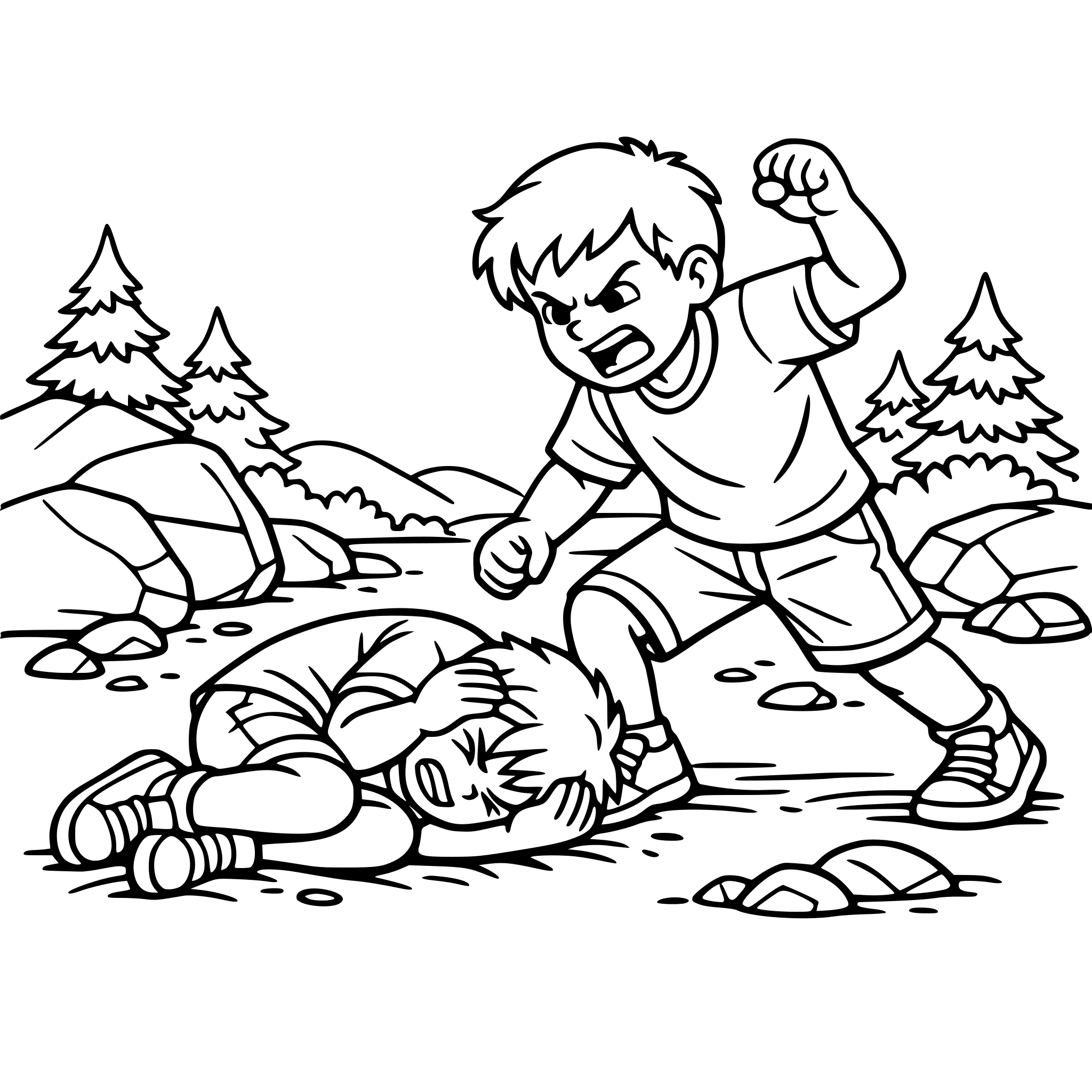 create a design with two brothers, one laying on the ground protecting himself and another ready to attack him, make the attacker angry include landscape elements such as rocks, dirt and trees in the background
