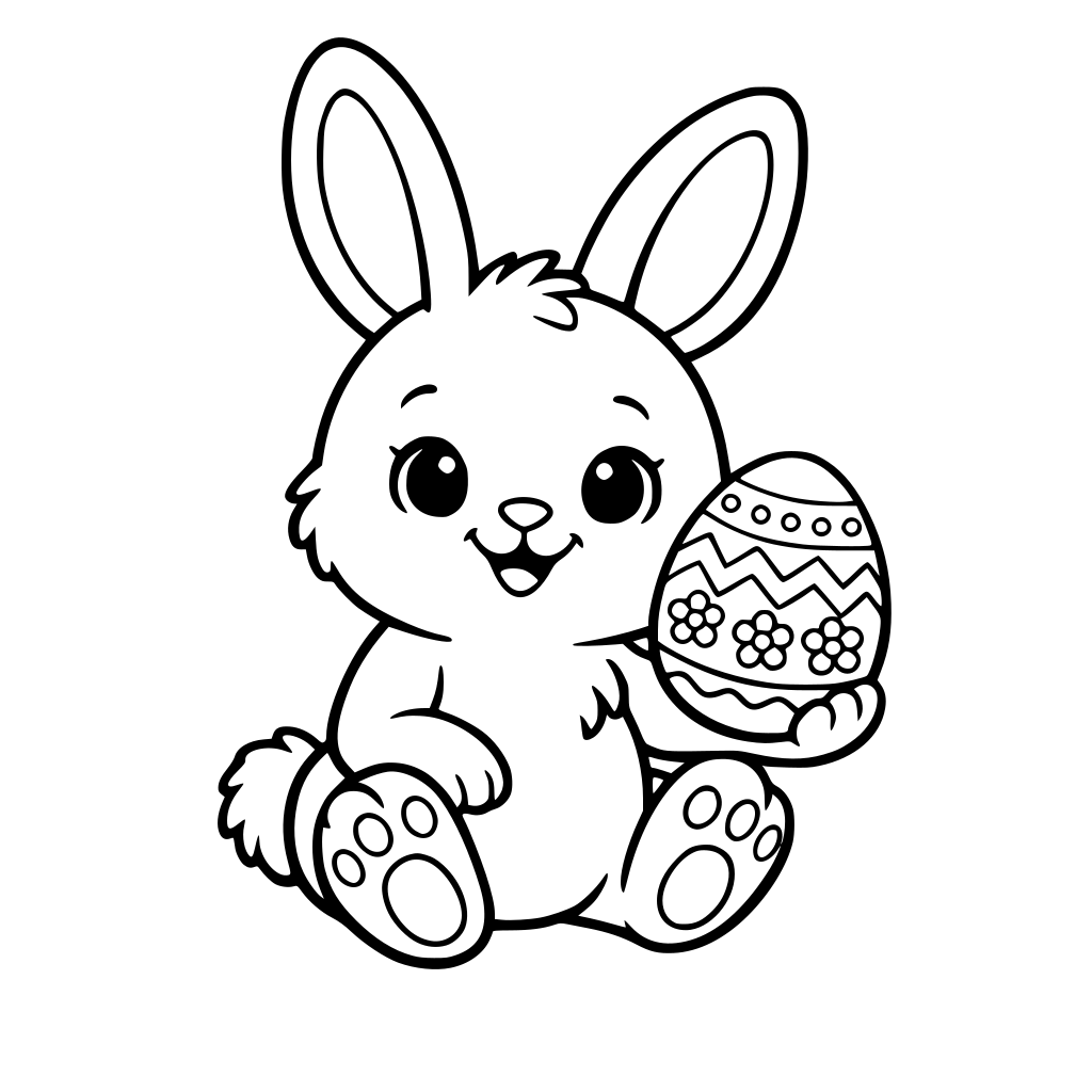 einen niedlichen Osterhasen der ein Osterei mit Muster in der Hand hält, keinen Hintergrund