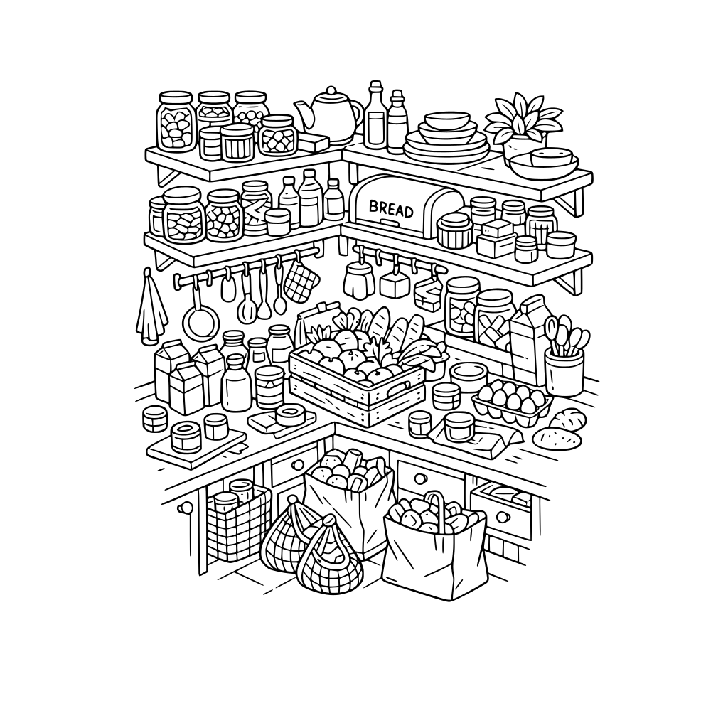 hygge style, cute and cozy, 3d isometric, grocery restock in home kitchen scene, open shelves, no characters, no animals, a little messy