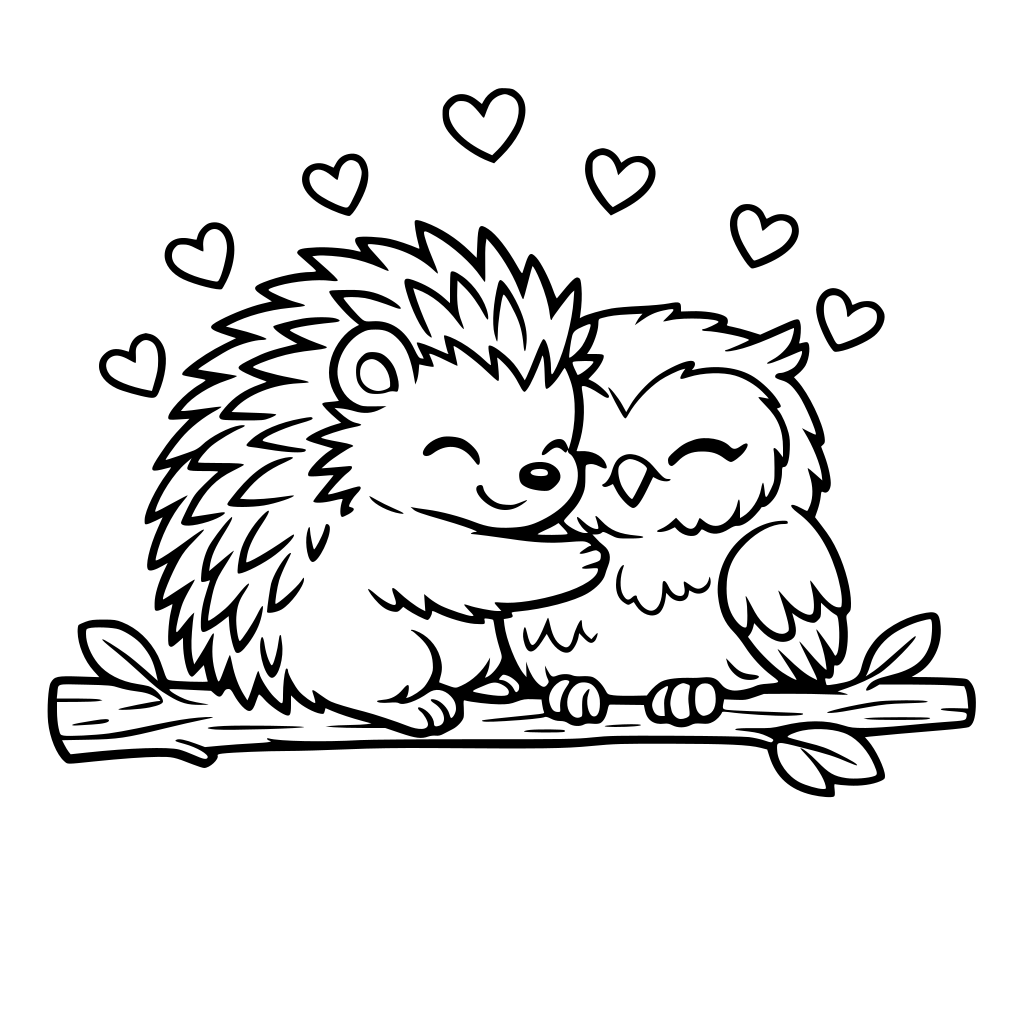 A spiky hedgehog is carefully giving a big, warm hug to a fluffy owl perched on a low branch. Tiny hearts float around them. valentine's day focus