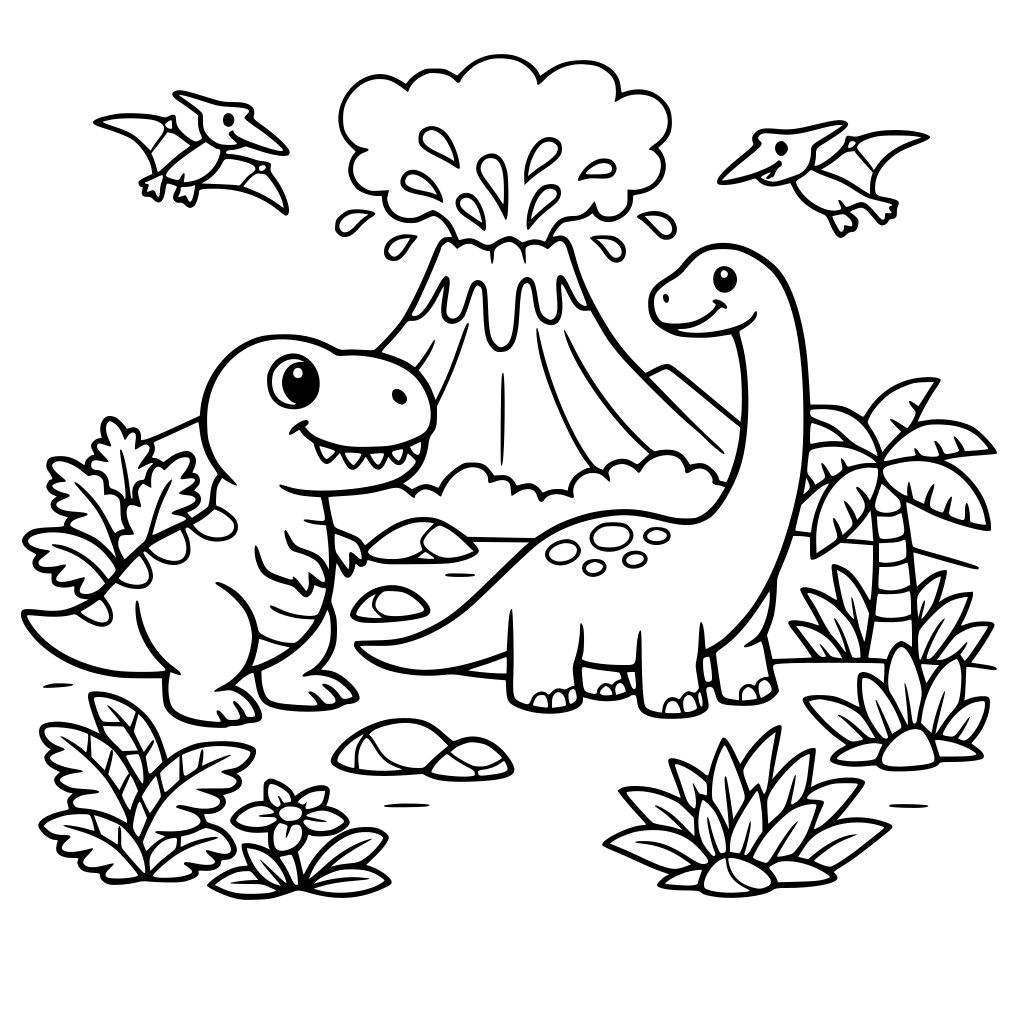 Dinosaurs volcano plants