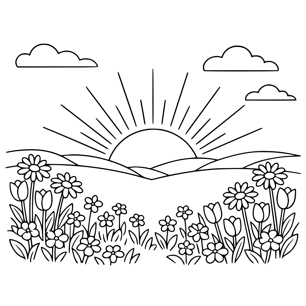 black and white line art coloring page of a peaceful spring sunrise over a field of wildflowers, simple clean outlines, minimal detail, no shading, printable coloring book page, centered composition, elegant and soft style