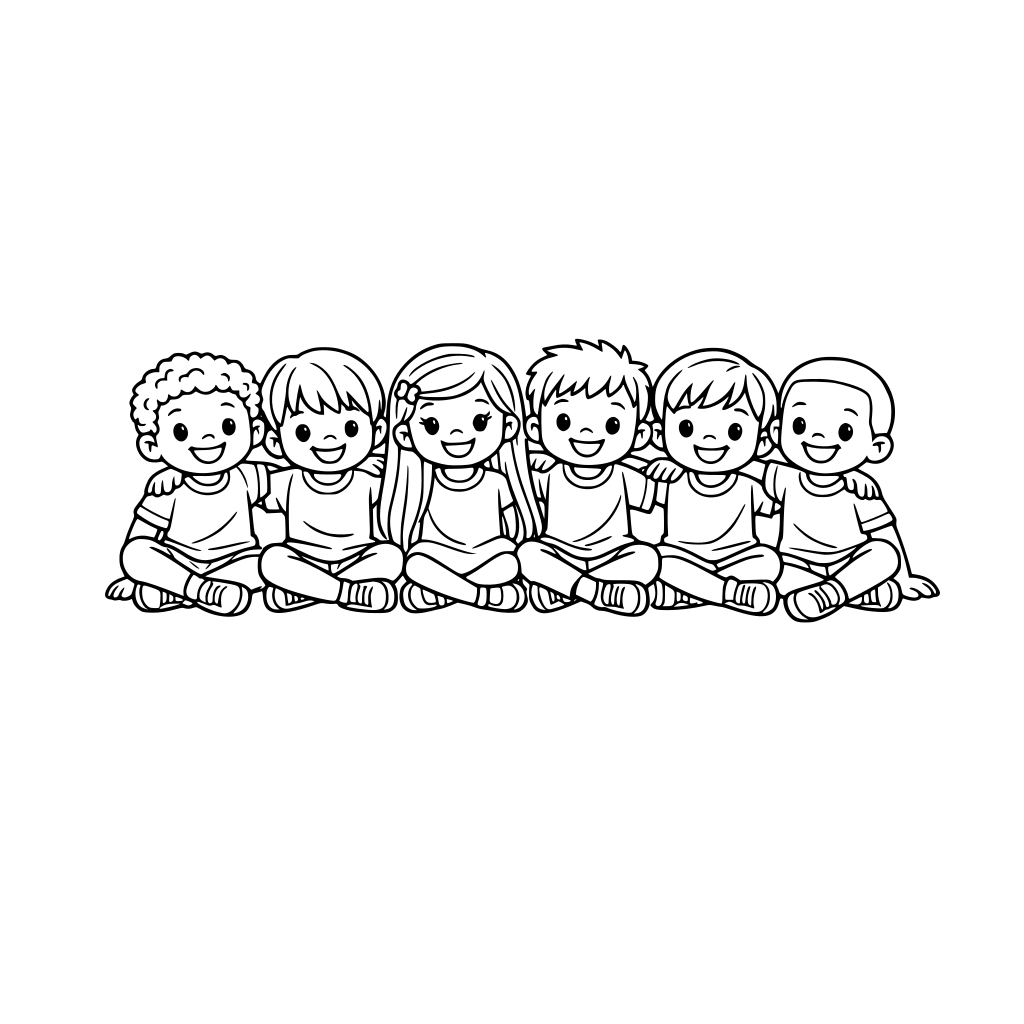 preschool friends sitting in a row with their arms around each other. 6 kids. 5 boys (2 with textured short hair, three with straight short hair) and 1 girl with lonnnnng hair