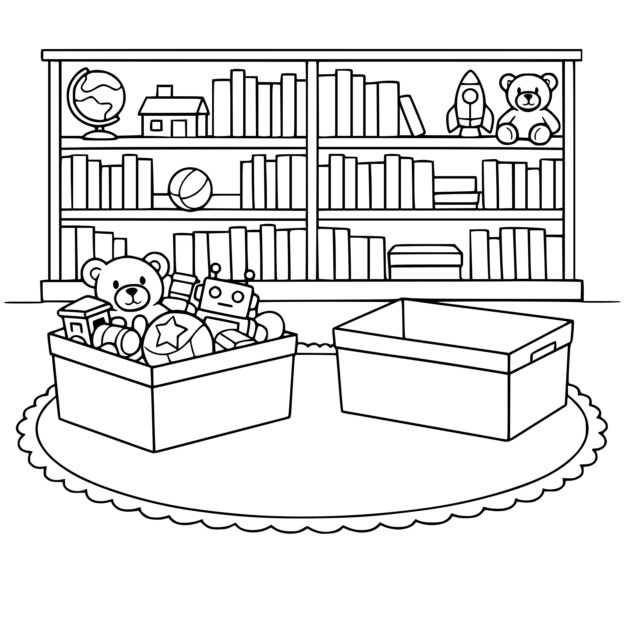 una habitacion con una alfombra con una biblioteca en la pared y dos cajas de juguetes, una llena y la otra vacia