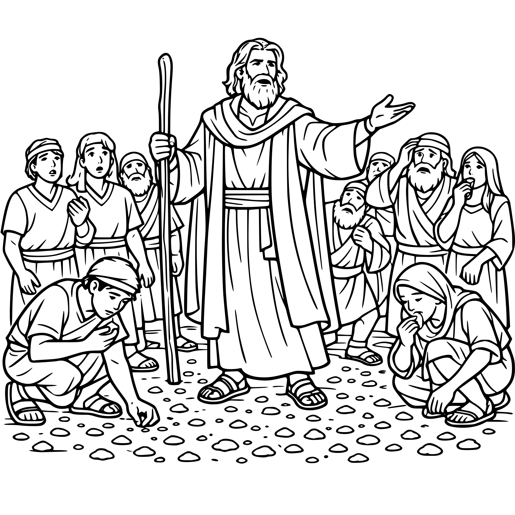 create an image with young adult bible moses speaking in front of a crowd of Israelites. have small flakes of bread settled on the top of the ground include the crowd looking confused and some people bending over to pick up pieces and taste them