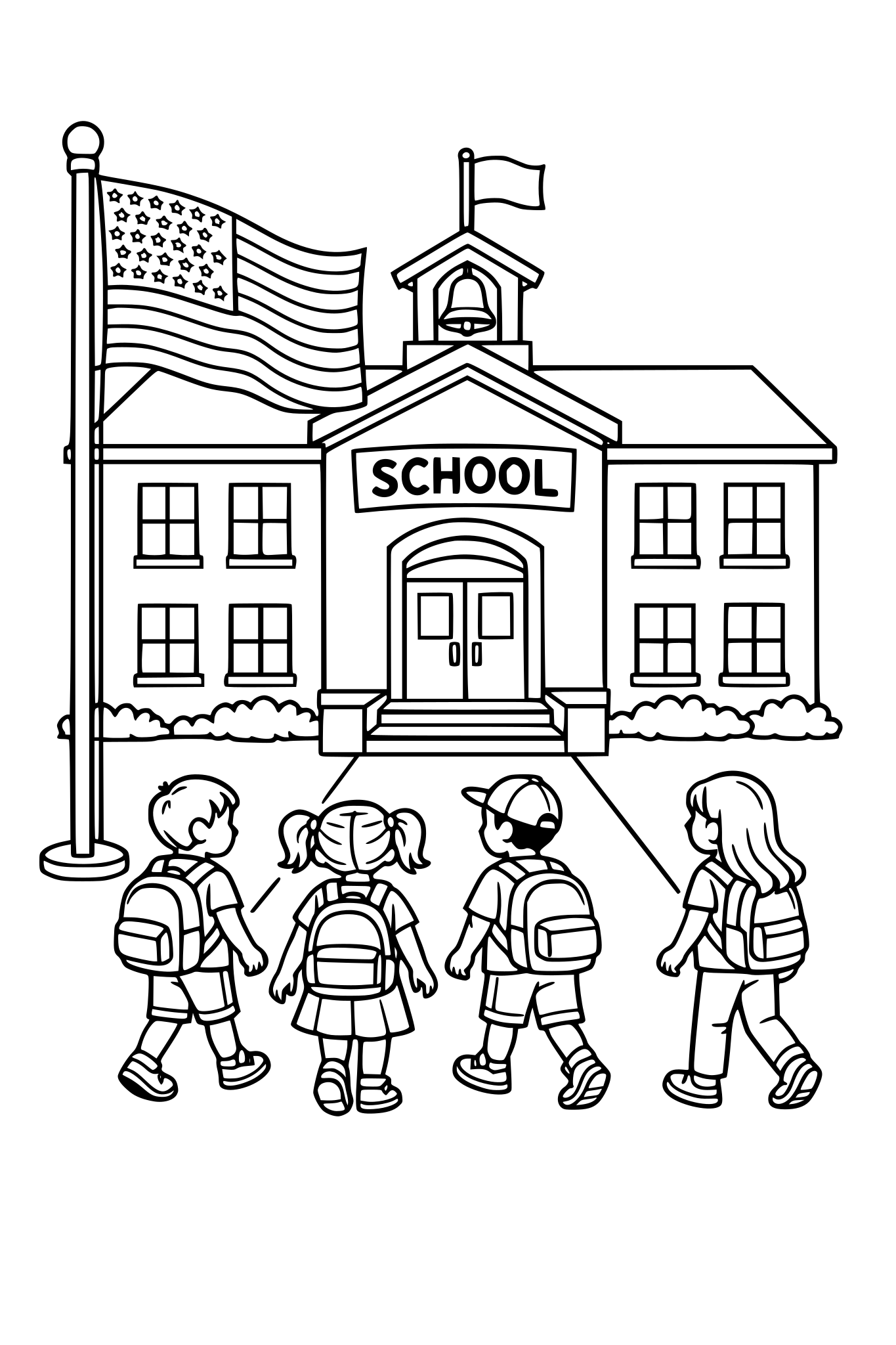 school building with a flag pole in front of the building. kids walking building