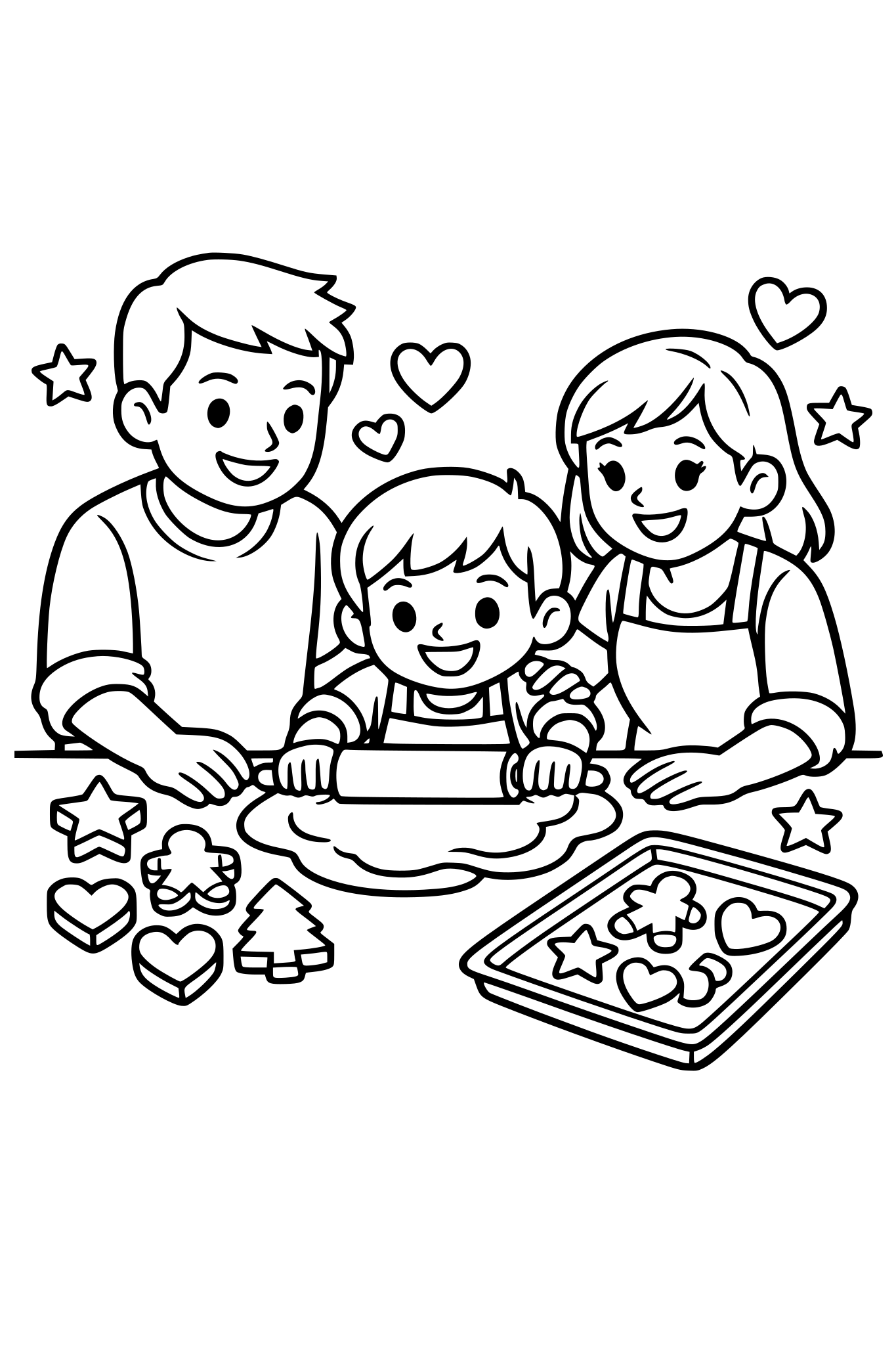 cute kids coloring page, happy family baking cookies in the kitchen, child rolling cookie dough while parents help, cookie shapes and baking tray on the table, hearts and stars around, simple shapes, thick outlines, black and white coloring page