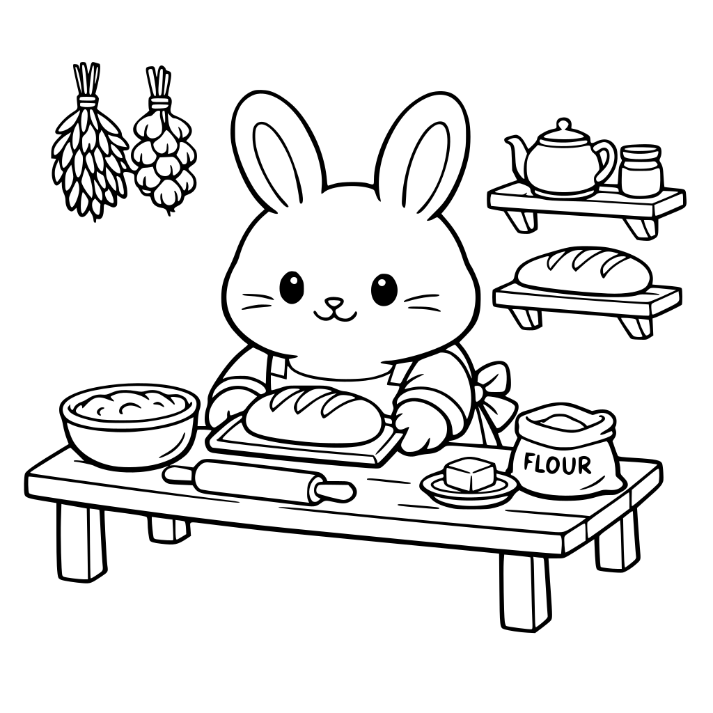 A chubby bunny wearing an apron baking bread in a tiny cozy cottage kitchen, simple table, round window, hanging herbs, teapot, wooden shelves, soft warm cottage atmosphere, minimal background details
