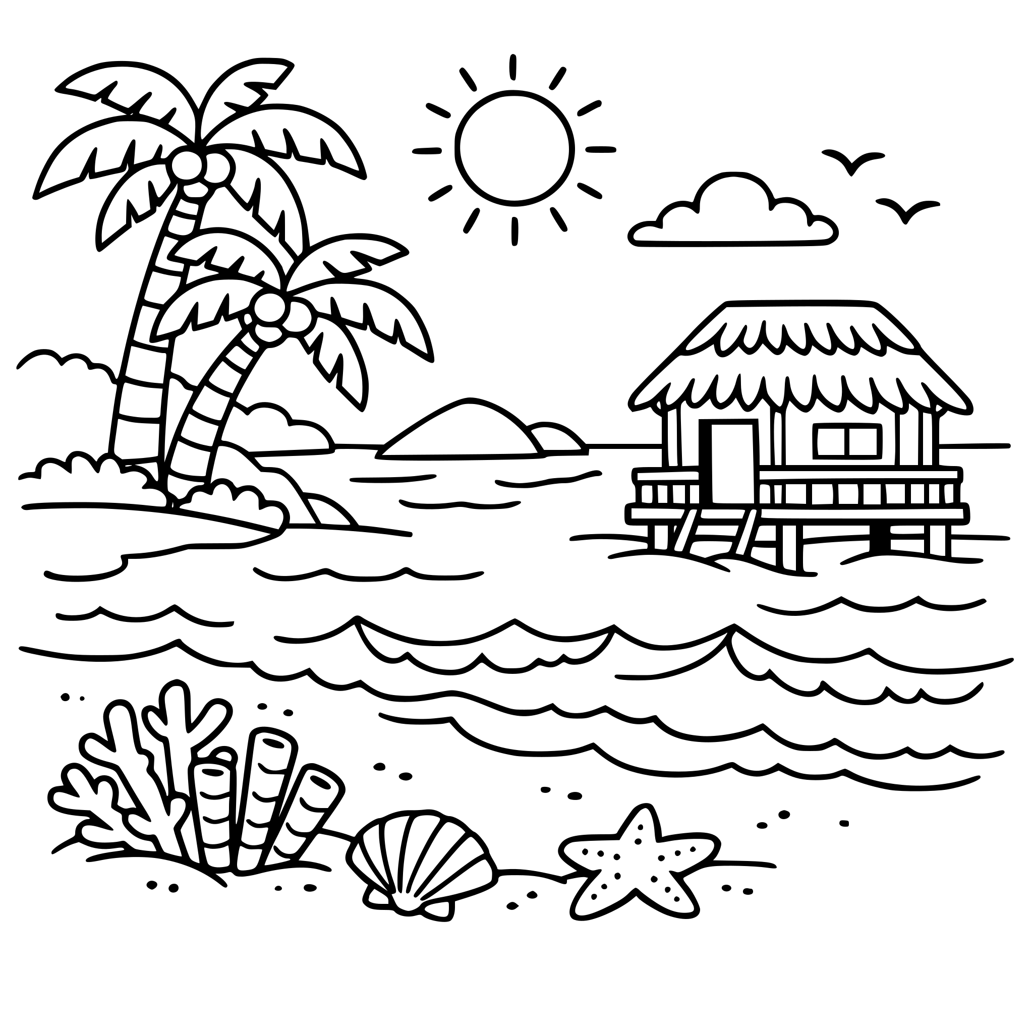 Cute cozy simple Andaman & Nicobar Islands Tropical beach with palm trees, wooden hut, coral, and sea waves.