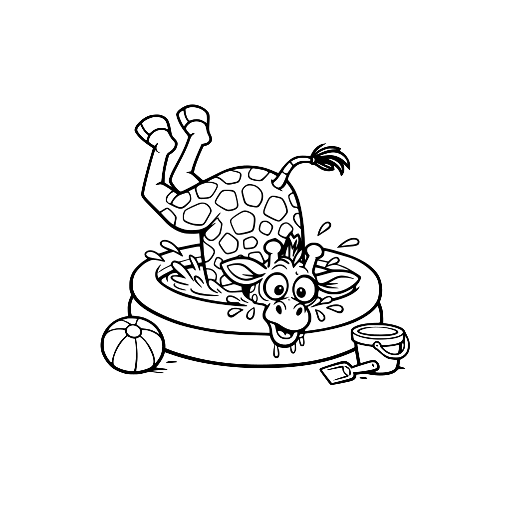 A funny giraffe who dove into the kiddie pool and can’t get out.