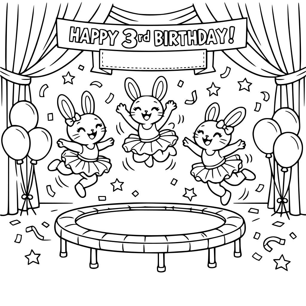 Stage with big draped curtains pulled open, center trampoline, three bunny girls in tutus bouncing, balloons and confetti, ‘Happy 3rd Birthday’ banner with blank name space.