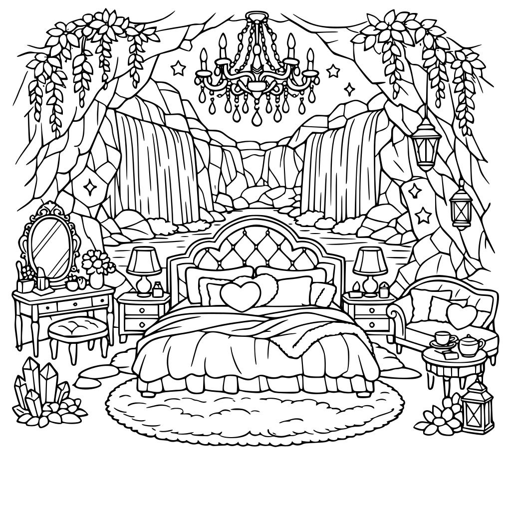 A hidden waterfall cave selfie aesthetic fantasy master bedroom for girls & women