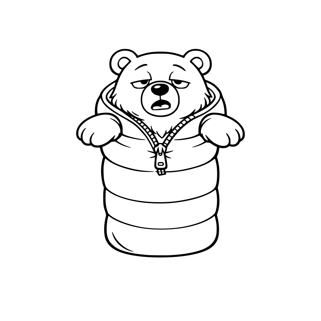 a funny Bear stuck in a too-small sleeping bag Zipper halfway up. Arms popping out. Sleepy expression. Simple. Huge visual.