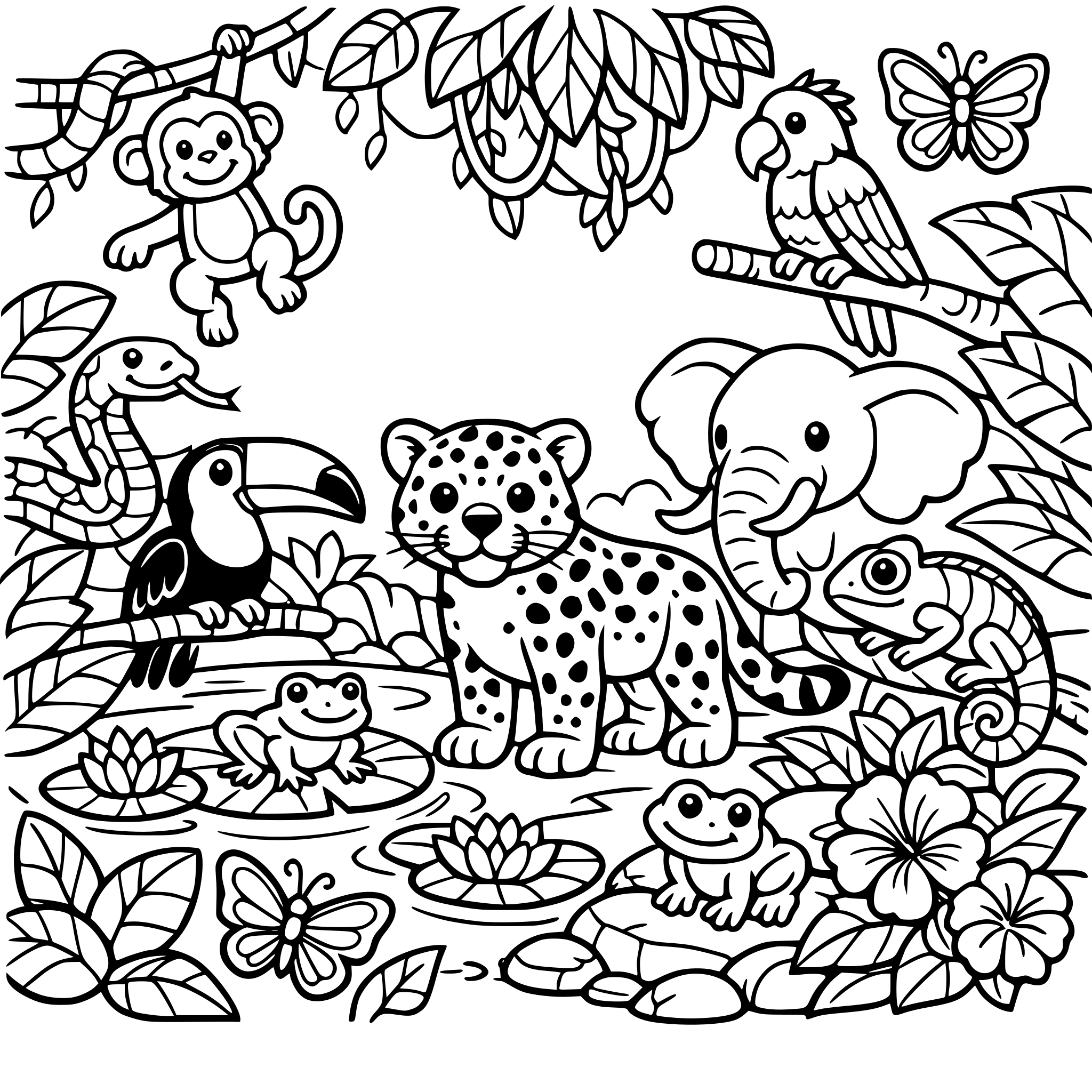 A jungle scene with many fauna and flora and a close up picture