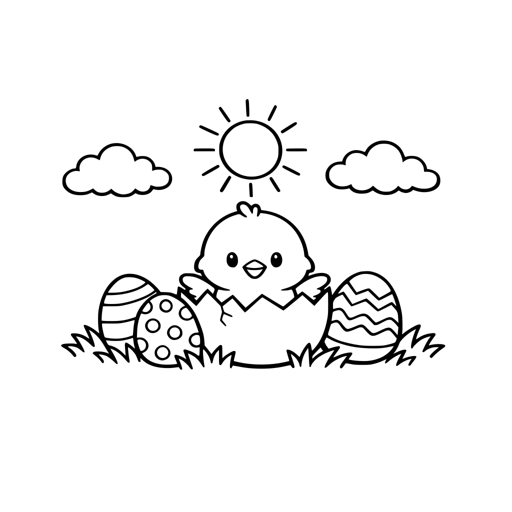 ik wil een kleurplaat in thema Pasen. ik wil een kuiken in een ei met daarnaast versierde paaseieren, maar zonder te veel details omdat de kleurplaat is voor jonge kinderen. ik wil ook gras, lucht en een zon
