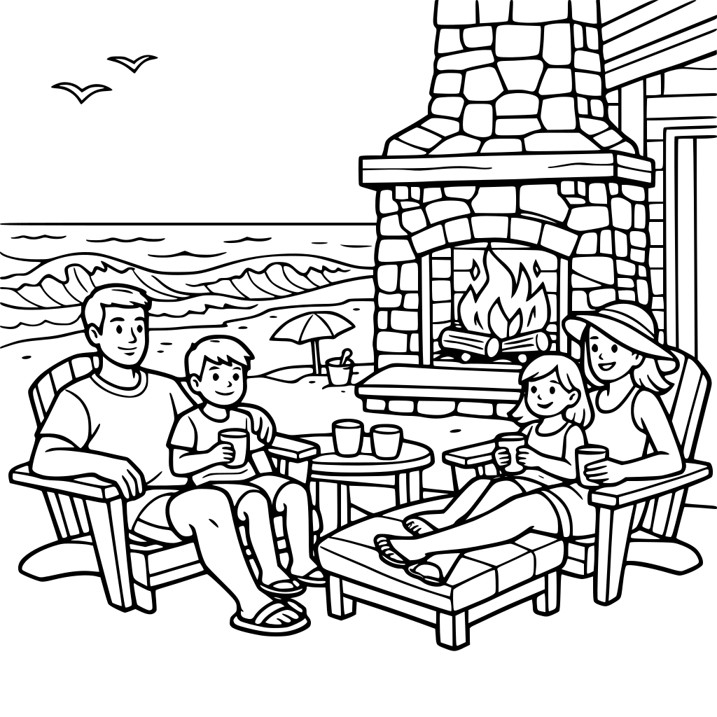 a beach scene with ocean waves, fireplace and a family of four relaxing by the beach house