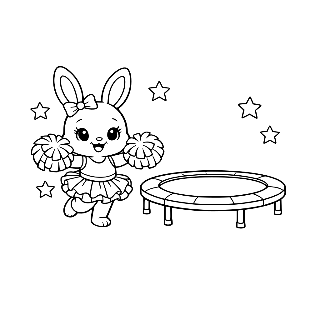 cute Cheerleader bunny in tutu holding pom-poms, standing next to a trampoline