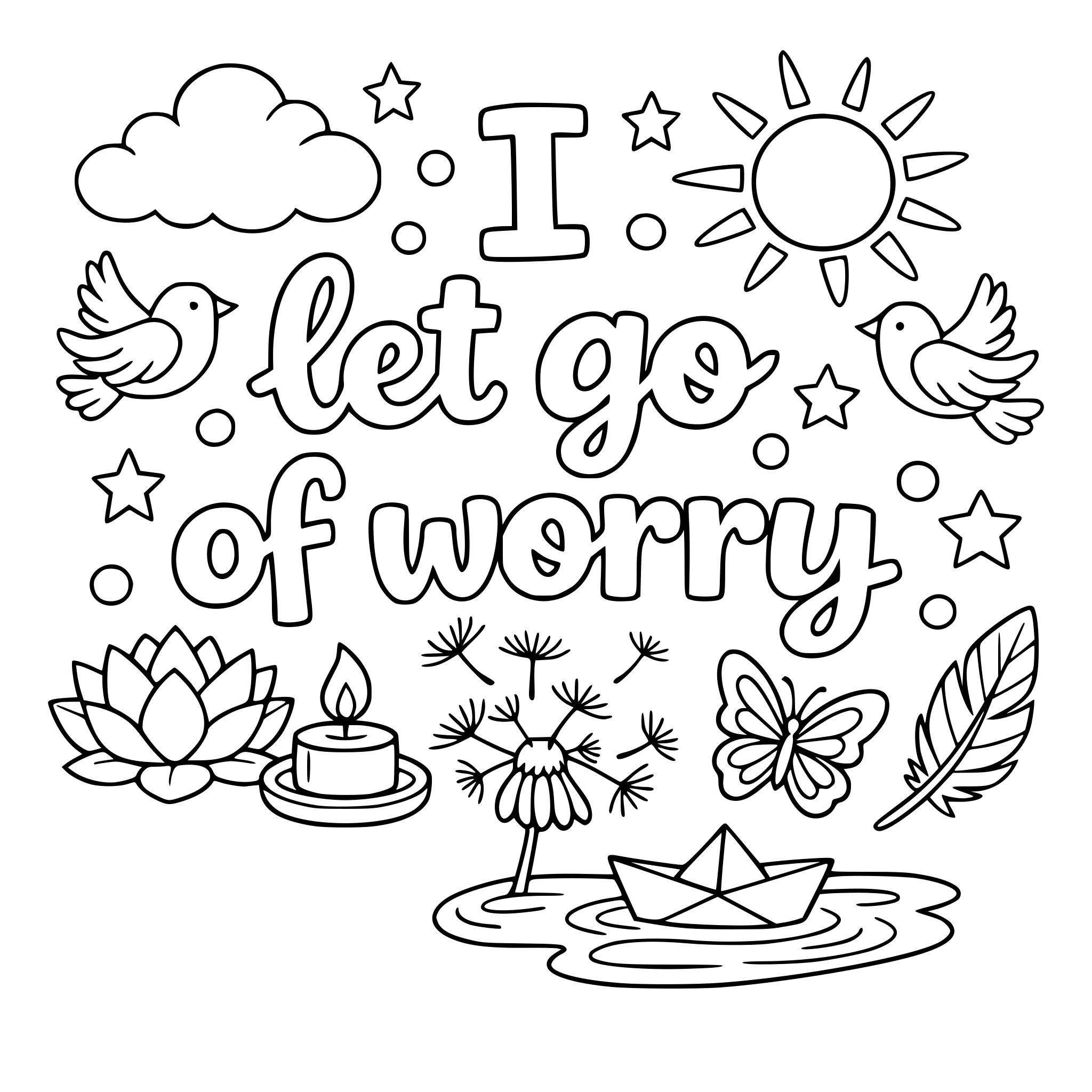 "I let go of worry" coloring letters with items around the letters that work with the lettering.