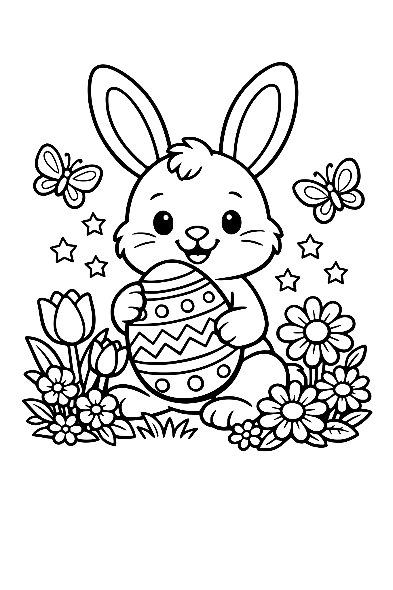 An easeter bunny holds an egg surrounded by flowers and butterfly.