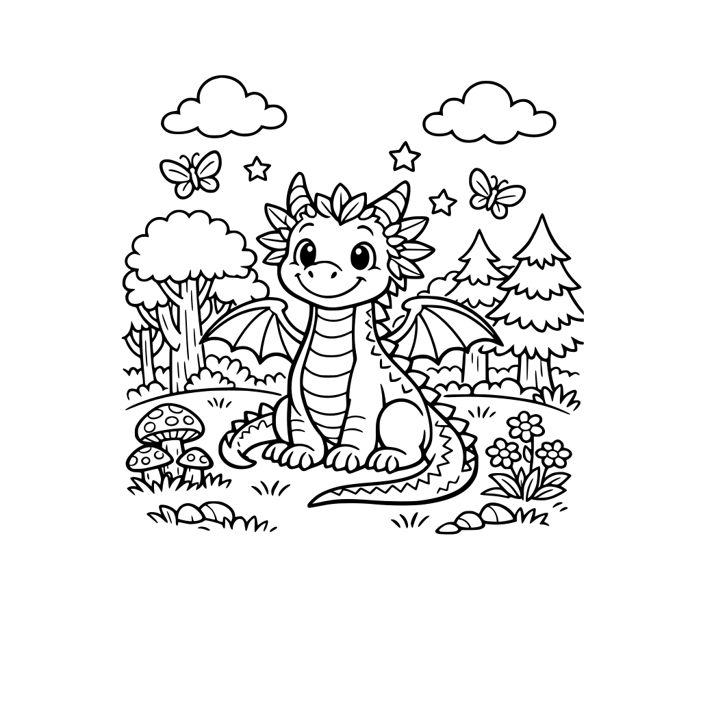 Ein Ausmal Bild für ein Kinderbuch, das ein freundlich lächelnden Walddrachen auf einer Waldlichtung sitzend, zeigt, umgeben von Bäumen und Wiese