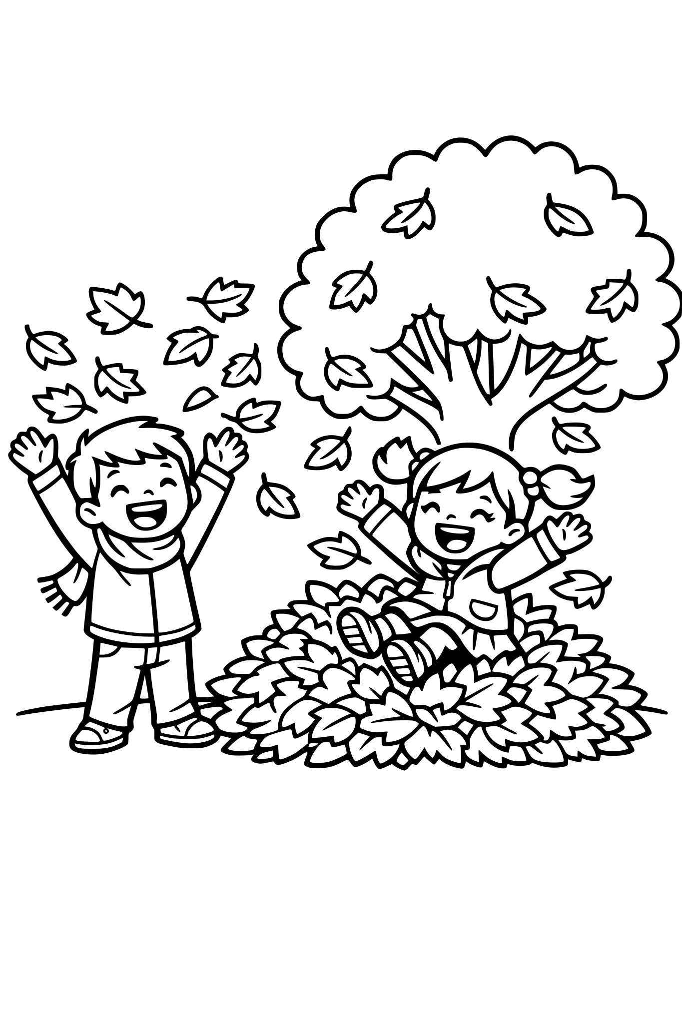 cute kids coloring page, happy boy throwing autumn leaves in the air, girl jumping into a big pile of leaves, full tree with falling leaves behind them, simple shapes, thick outlines, kids coloring book style