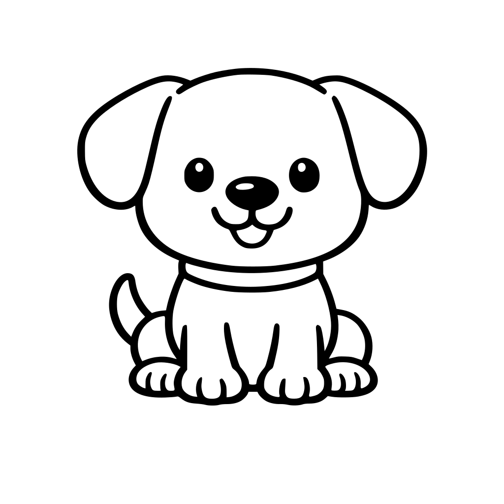 Simple black and white coloring page for toddlers ages 1–3, cute dog sitting and smiling, thick bold outlines, rounded shapes, minimal details, no shading, no background, centered object, easy to color