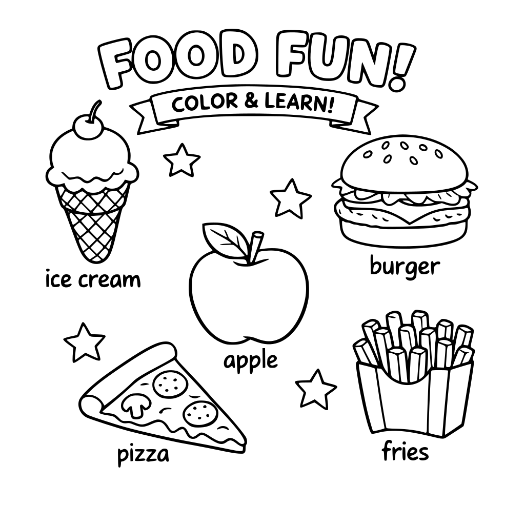 Libro de actividades y colorear sobre alimentos en ingles