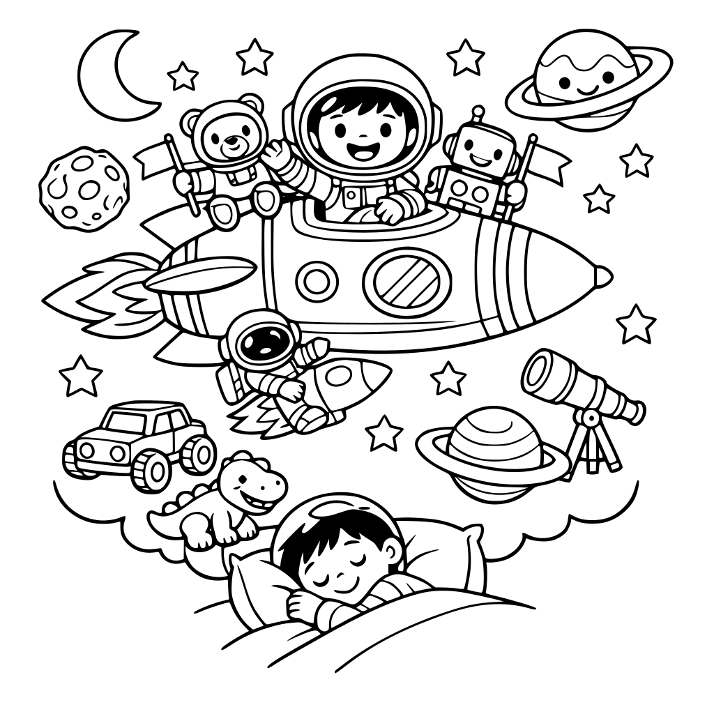 طفل يحلم انه يذهب الى الفضاء مع العابه المفضله