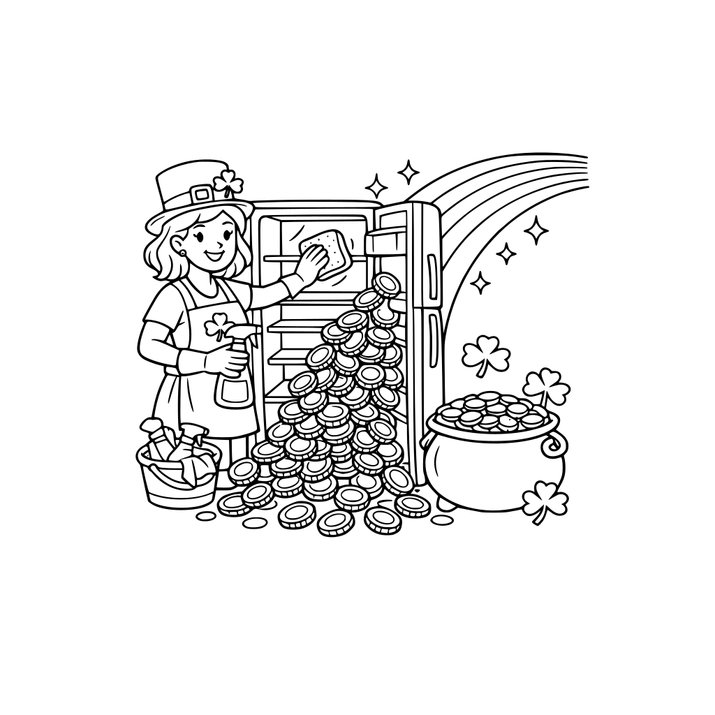Cleaning fridge during saint patricks day, with coins falling out of fridge, and a rainbow
