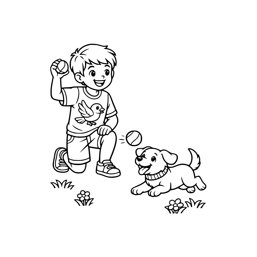 A boy playing fetch with a puppy in the park. that puppy has a color belt, that boy wearing t shirt with bird picture .