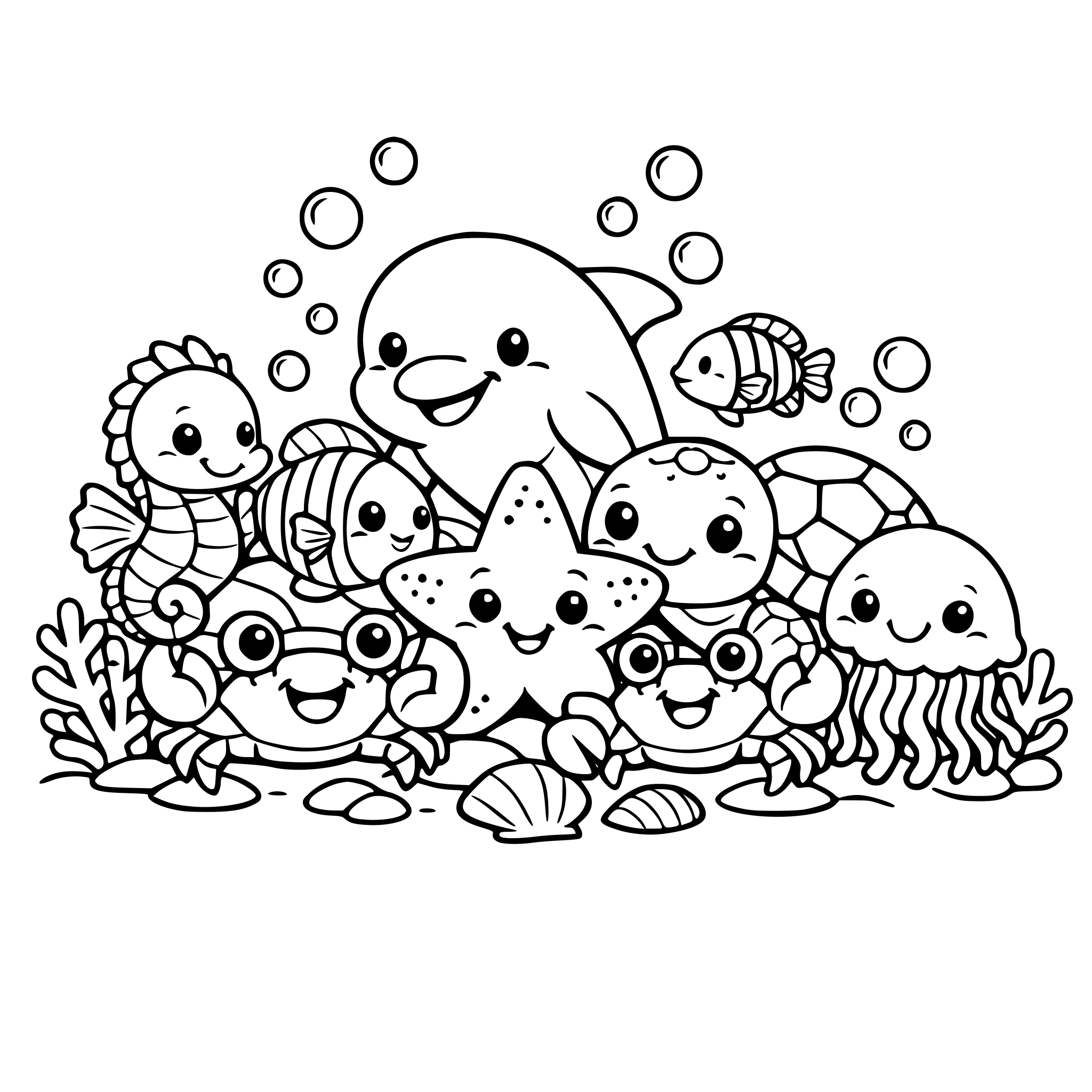 A group of cute sea animals like fishes, dolphin, starfish, crabs, jellyfish, seahorse and turtle sitting together like a cozy family and smiling. The background is cute and beautiful under the Sea with coral reefs and bubble