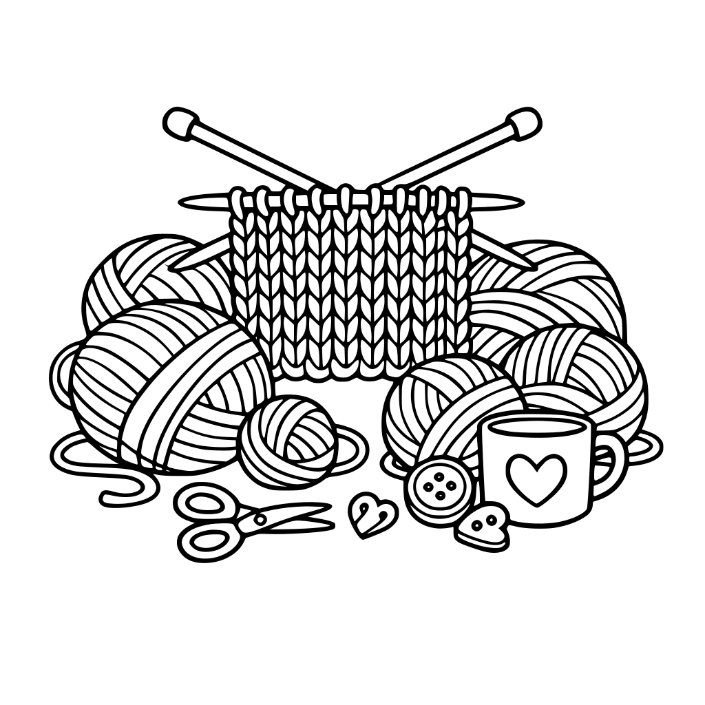 Ik wil een cosy kleurplaat met breiwerk en bollen wol en brei naalden